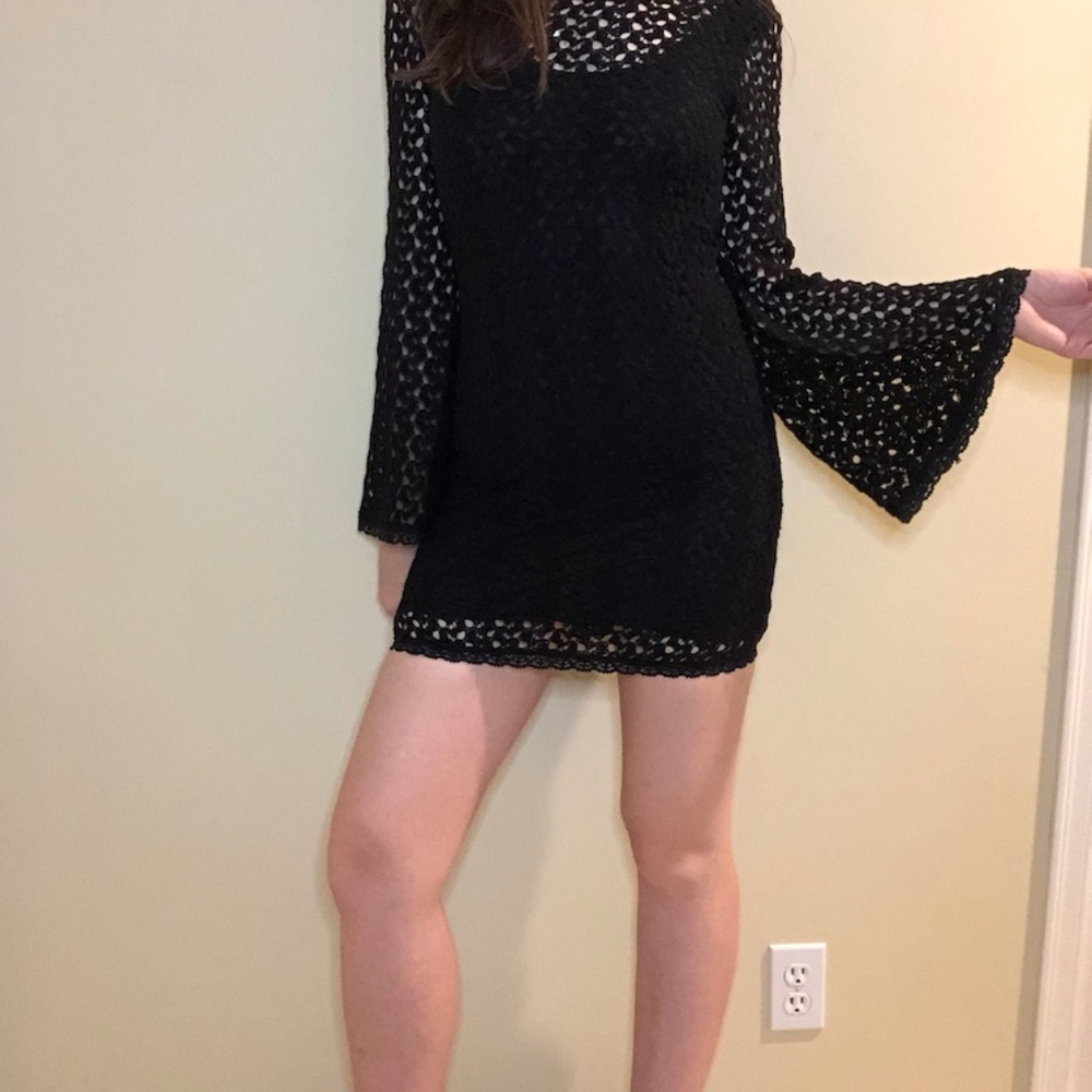Free People Gypsy Black Crochet Bell Sleeve Dress - Picture 4 of 7